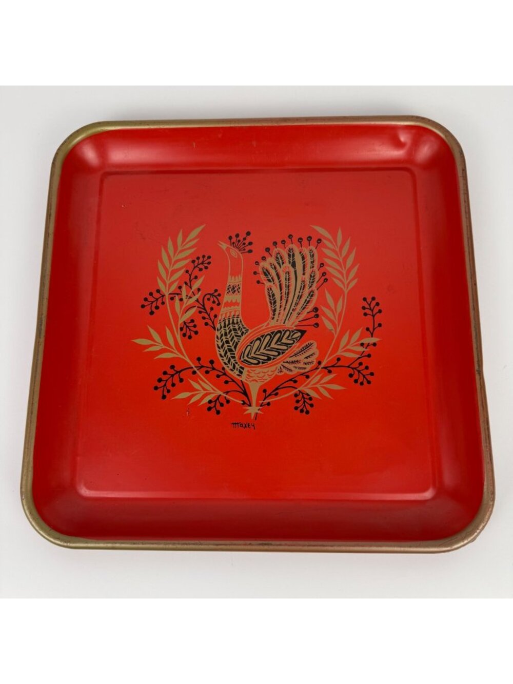 Vintage Mid-Century Red Metal Square Serving Tray Peacock Design Signed Maxey